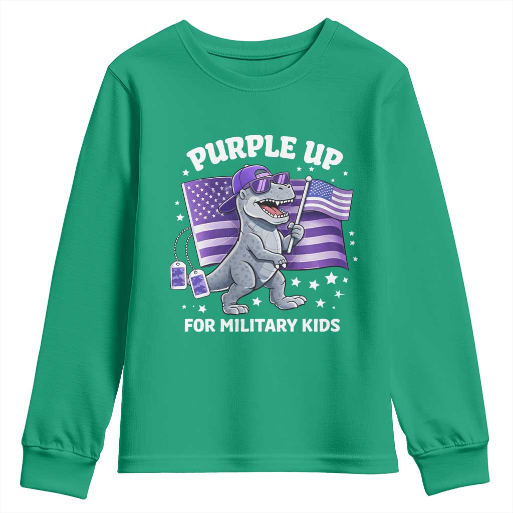 Dinosaur Military Kids Youth Sweatshirt Purple Up For Military Child Month Patriotic USA Flag