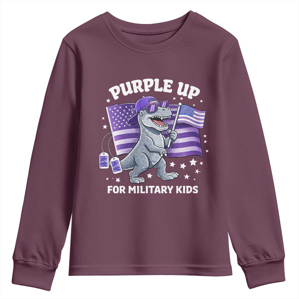 Dinosaur Military Kids Youth Sweatshirt Purple Up For Military Child Month Patriotic USA Flag
