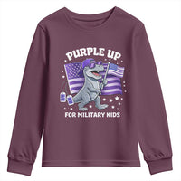Dinosaur Military Kids Youth Sweatshirt Purple Up For Military Child Month Patriotic USA Flag