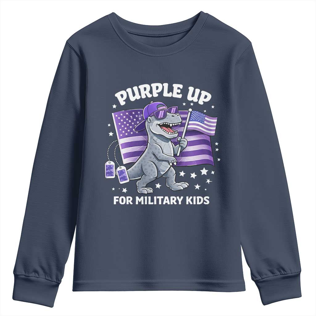 Dinosaur Military Kids Youth Sweatshirt Purple Up For Military Child Month Patriotic USA Flag