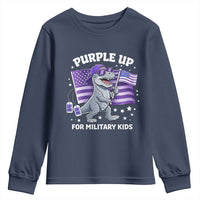 Dinosaur Military Kids Youth Sweatshirt Purple Up For Military Child Month Patriotic USA Flag