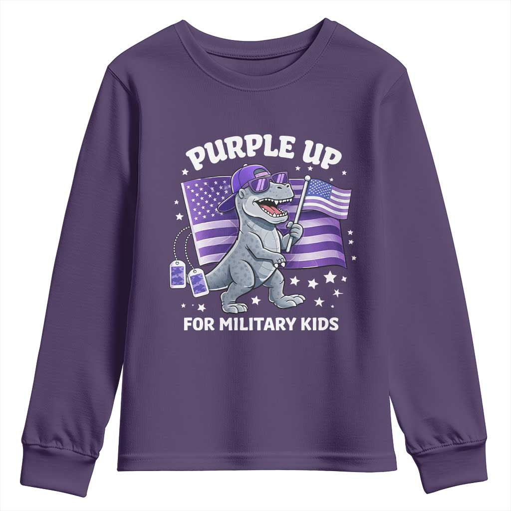 Dinosaur Military Kids Youth Sweatshirt Purple Up For Military Child Month Patriotic USA Flag