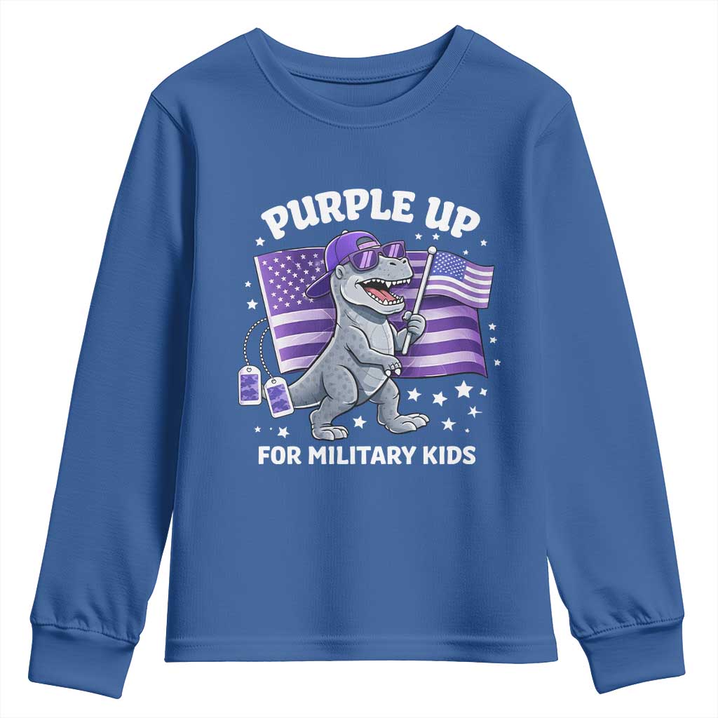 Dinosaur Military Kids Youth Sweatshirt Purple Up For Military Child Month Patriotic USA Flag