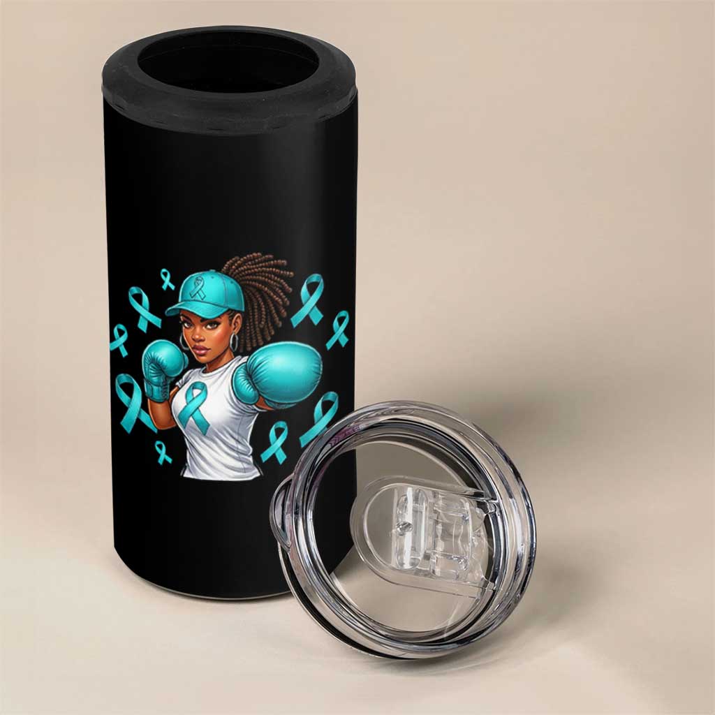 Black Women Fight Sexual Assault Awareness 4 in 1 Can Cooler Tumbler African American Teal Ribbon Support