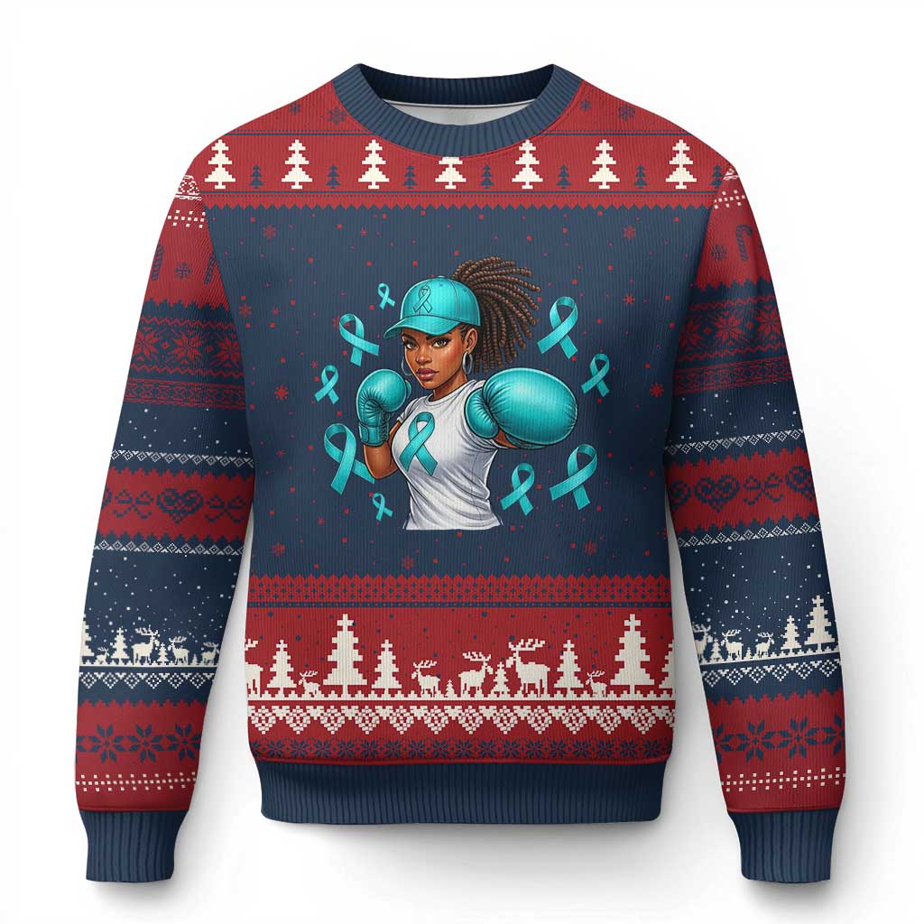 Black Women Fight Sexual Assault Awareness Ugly Christmas Sweater African American Teal Ribbon Support