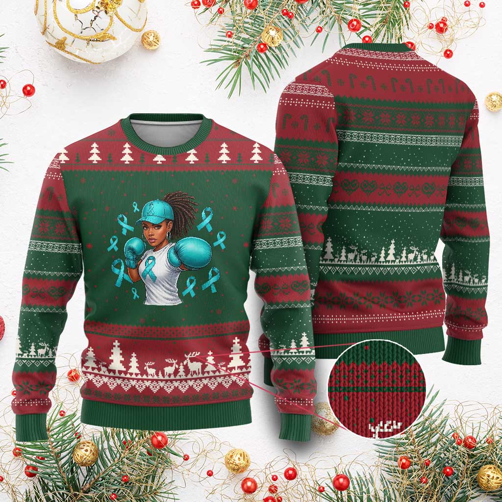 Black Women Fight Sexual Assault Awareness Ugly Christmas Sweater African American Teal Ribbon Support