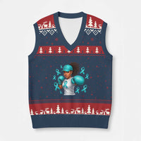 Black Women Fight Sexual Assault Awareness V-Neck Knit Sweater Vest African American Teal Ribbon Support