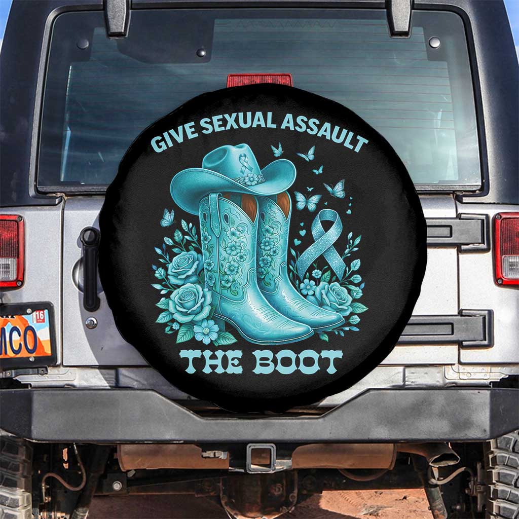 Give Sexual Assault The Boot Spare Tire Cover Cowgirl Awareness Month Teal Ribbon Support