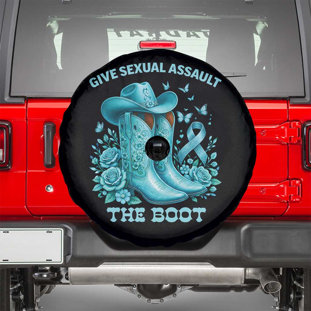Give Sexual Assault The Boot Spare Tire Cover Cowgirl Awareness Month Teal Ribbon Support