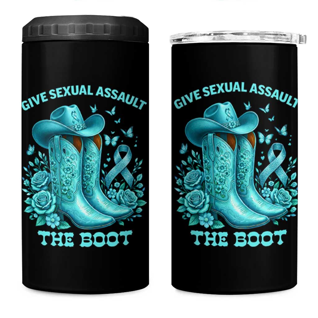 Give Sexual Assault The Boot 4 in 1 Can Cooler Tumbler Cowgirl Awareness Month Teal Ribbon Support