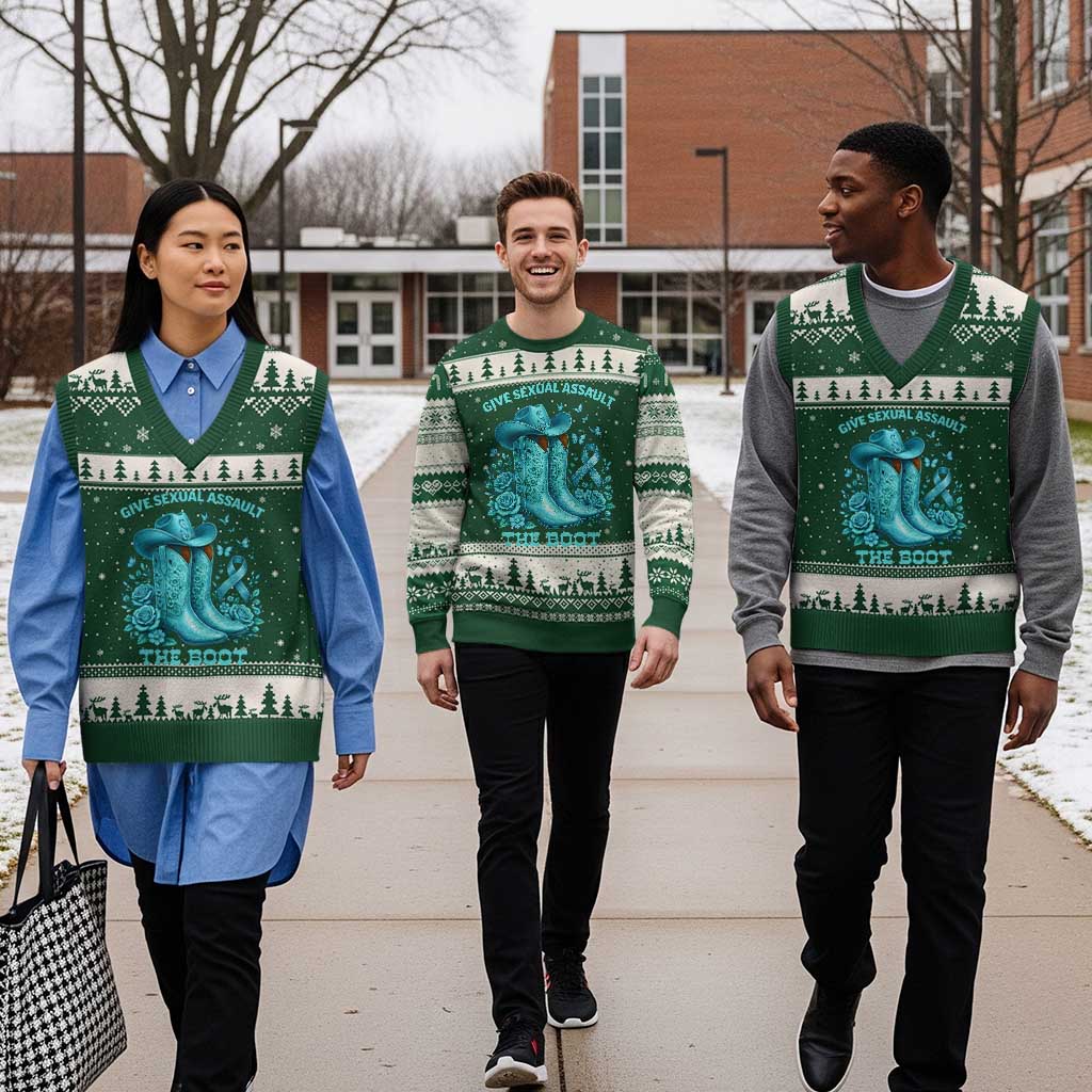 Give Sexual Assault The Boot V-Neck Knit Sweater Vest Cowgirl Awareness Month Teal Ribbon Support