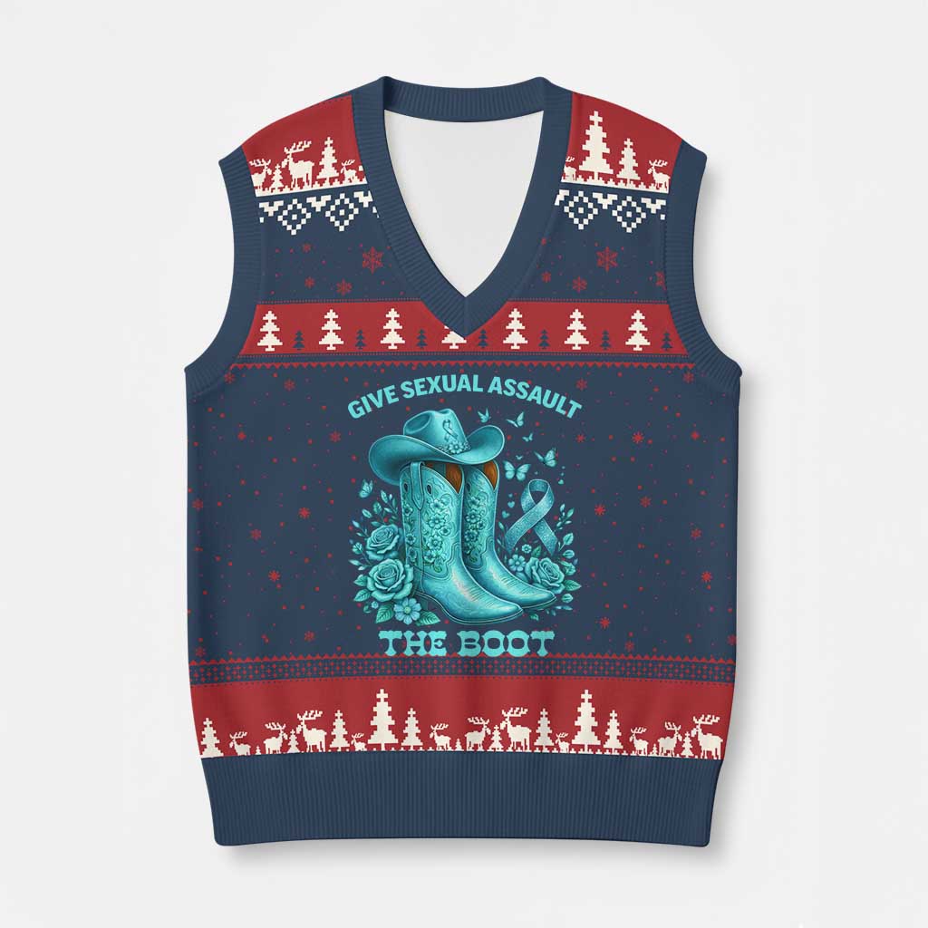 Give Sexual Assault The Boot V-Neck Knit Sweater Vest Cowgirl Awareness Month Teal Ribbon Support