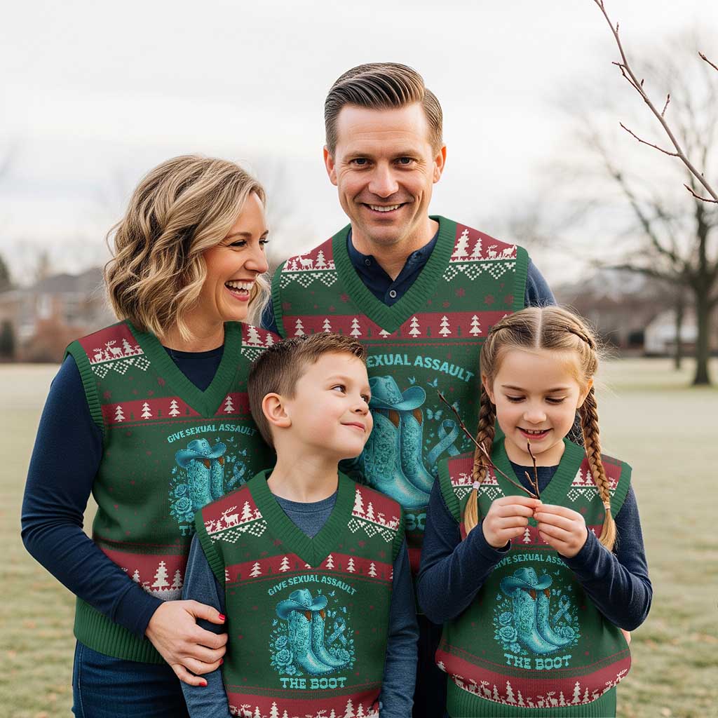 Give Sexual Assault The Boot V-Neck Knit Sweater Vest Cowgirl Awareness Month Teal Ribbon Support