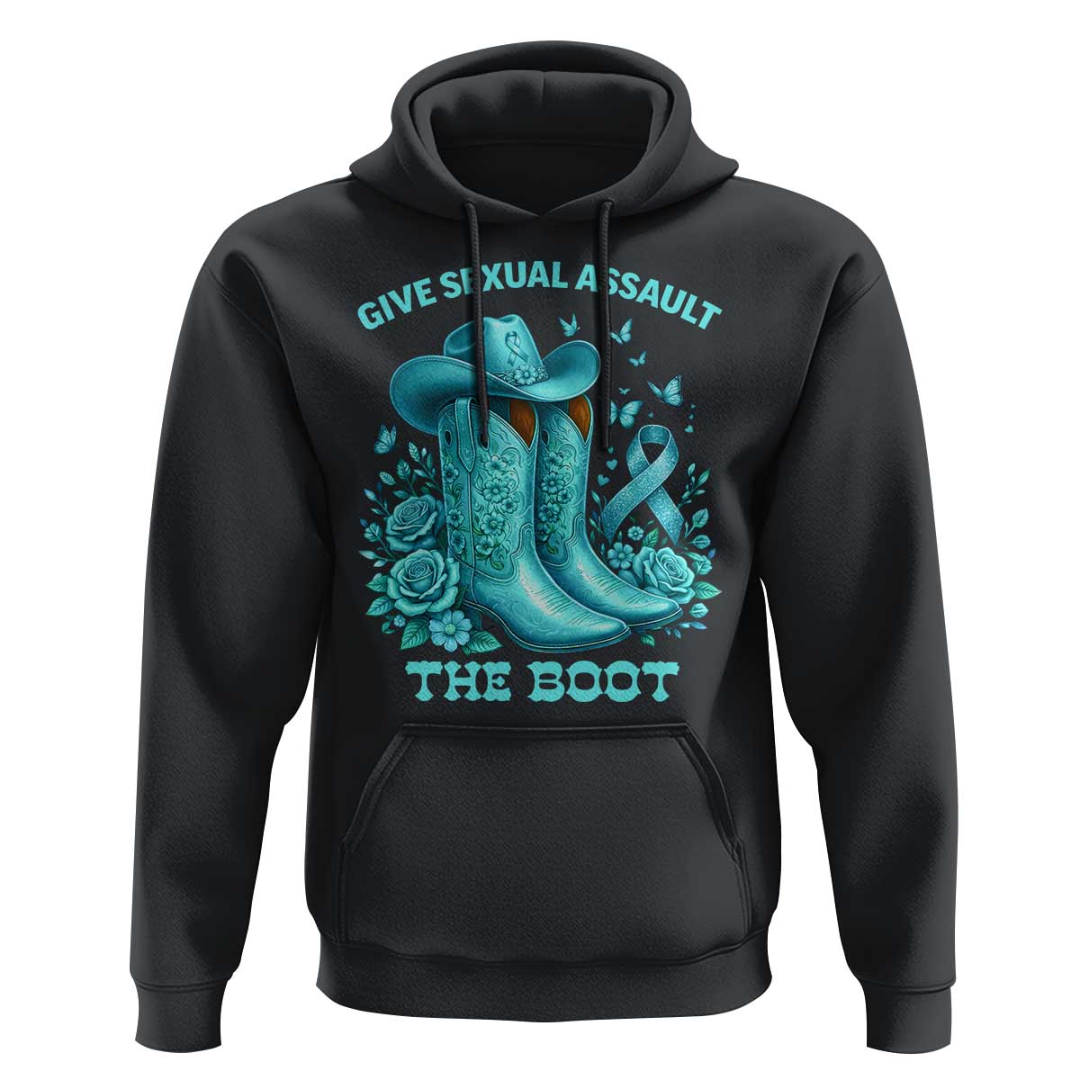 Give Sexual Assault The Boot Hoodie Cowgirl Awareness Month Teal Ribbon Support