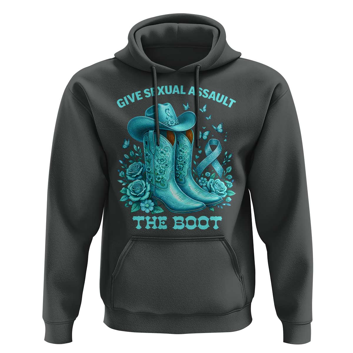 Give Sexual Assault The Boot Hoodie Cowgirl Awareness Month Teal Ribbon Support