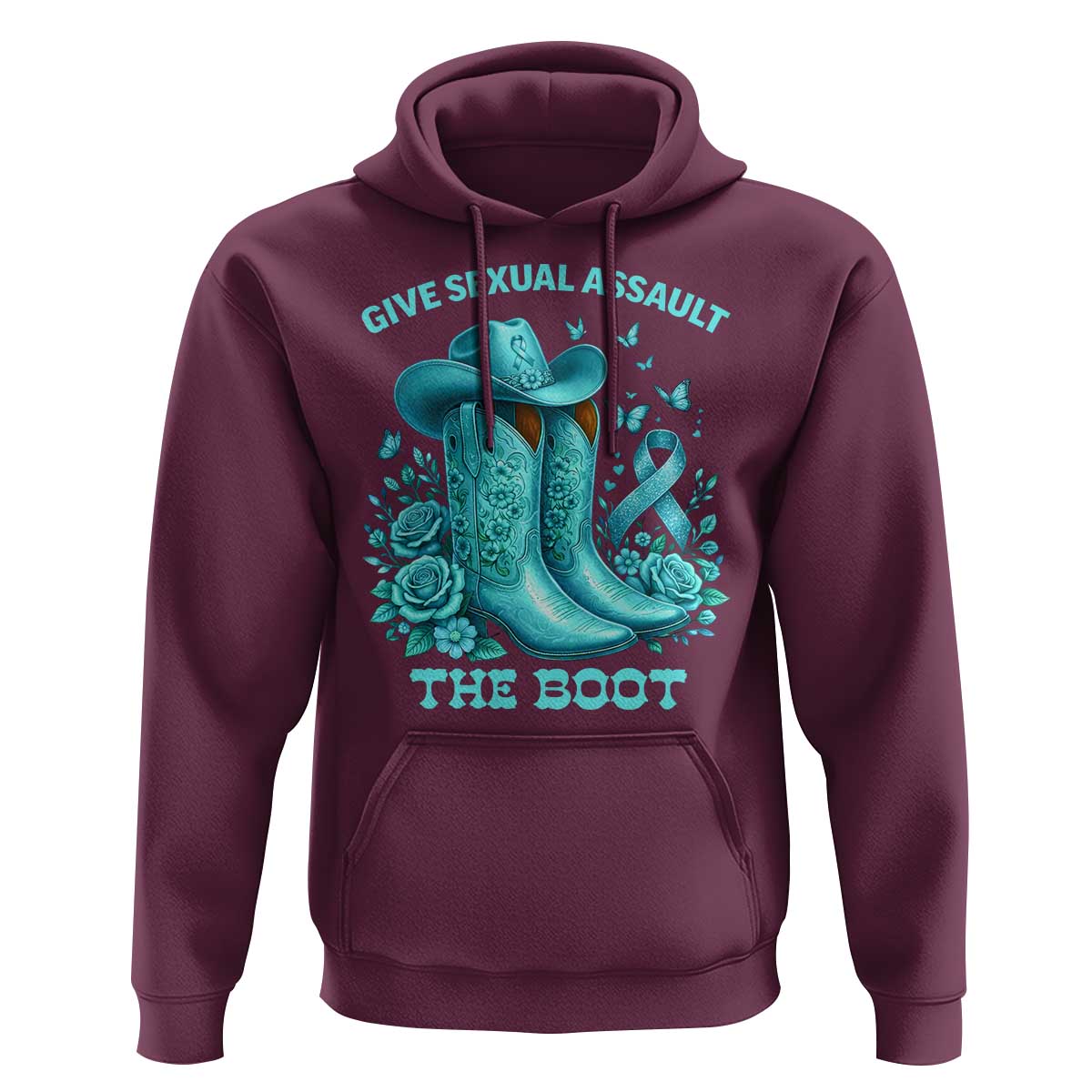 Give Sexual Assault The Boot Hoodie Cowgirl Awareness Month Teal Ribbon Support