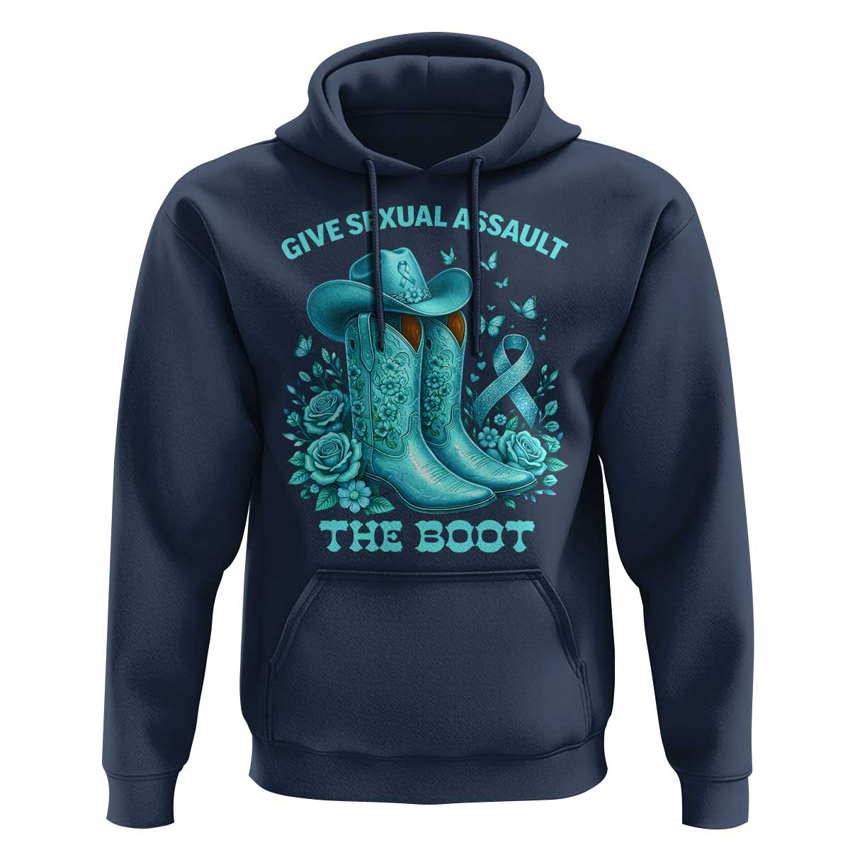 Give Sexual Assault The Boot Hoodie Cowgirl Awareness Month Teal Ribbon Support