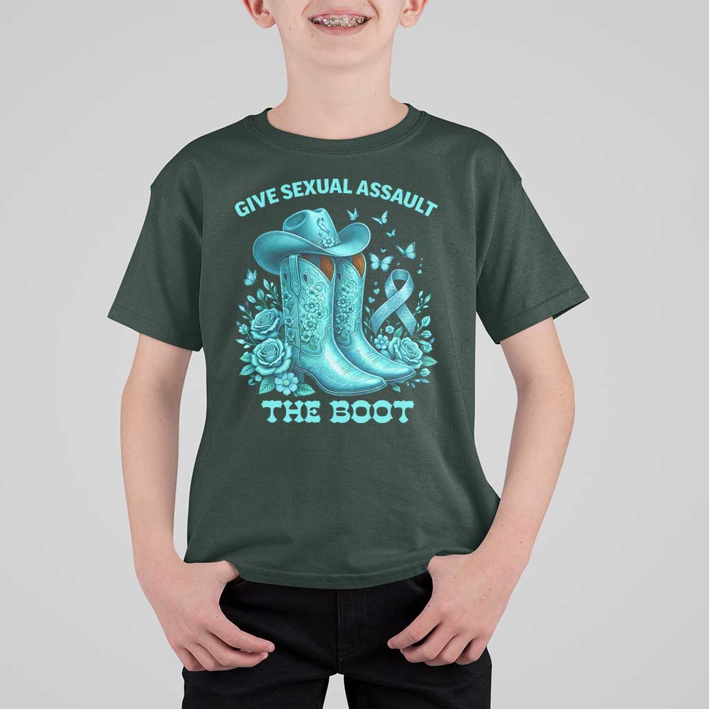 Give Sexual Assault The Boot T Shirt For Kid Cowgirl Awareness Month Teal Ribbon Support