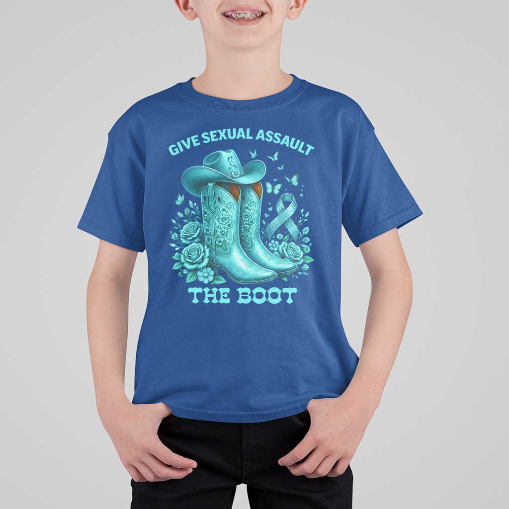 Give Sexual Assault The Boot T Shirt For Kid Cowgirl Awareness Month Teal Ribbon Support