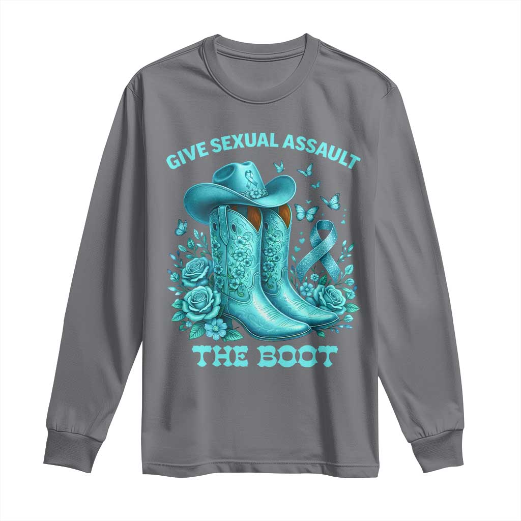 Give Sexual Assault The Boot Long Sleeve Shirt Cowgirl Awareness Month Teal Ribbon Support