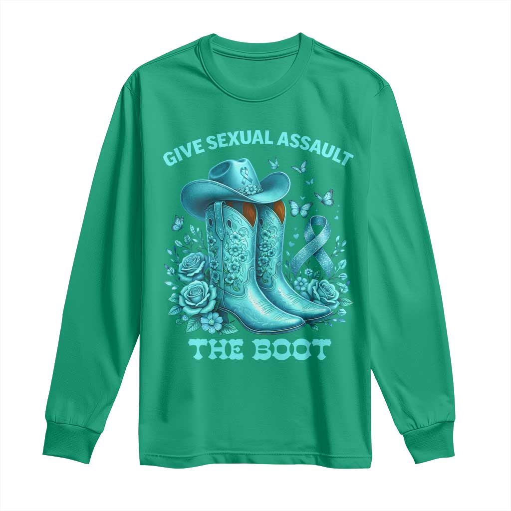 Give Sexual Assault The Boot Long Sleeve Shirt Cowgirl Awareness Month Teal Ribbon Support