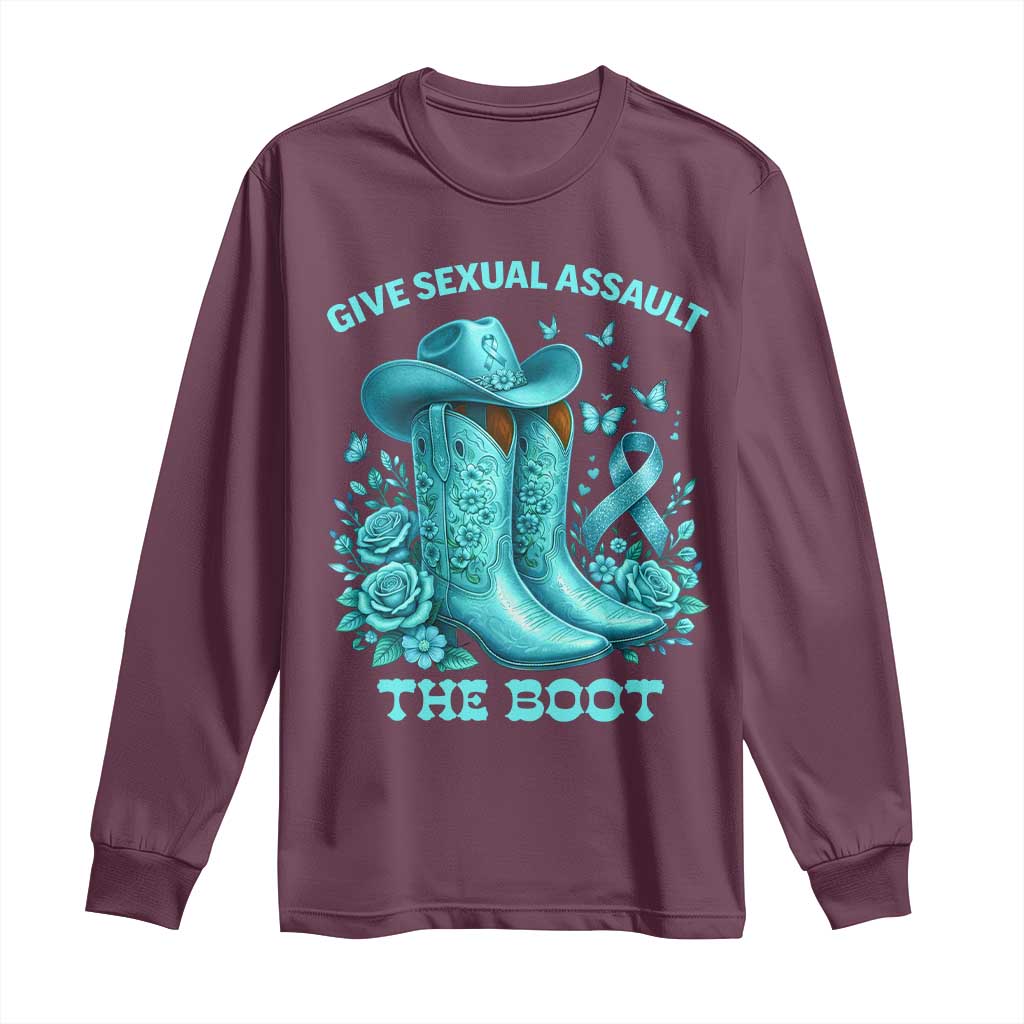 Give Sexual Assault The Boot Long Sleeve Shirt Cowgirl Awareness Month Teal Ribbon Support