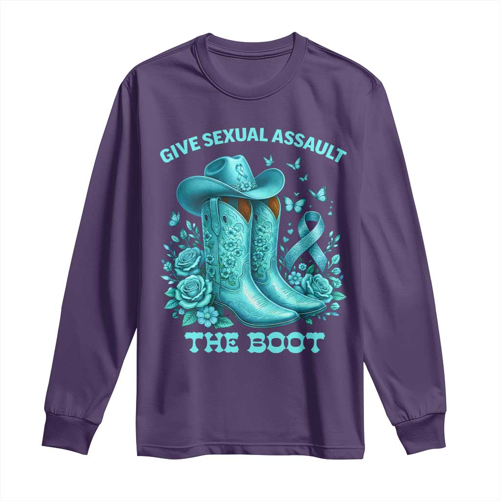 Give Sexual Assault The Boot Long Sleeve Shirt Cowgirl Awareness Month Teal Ribbon Support