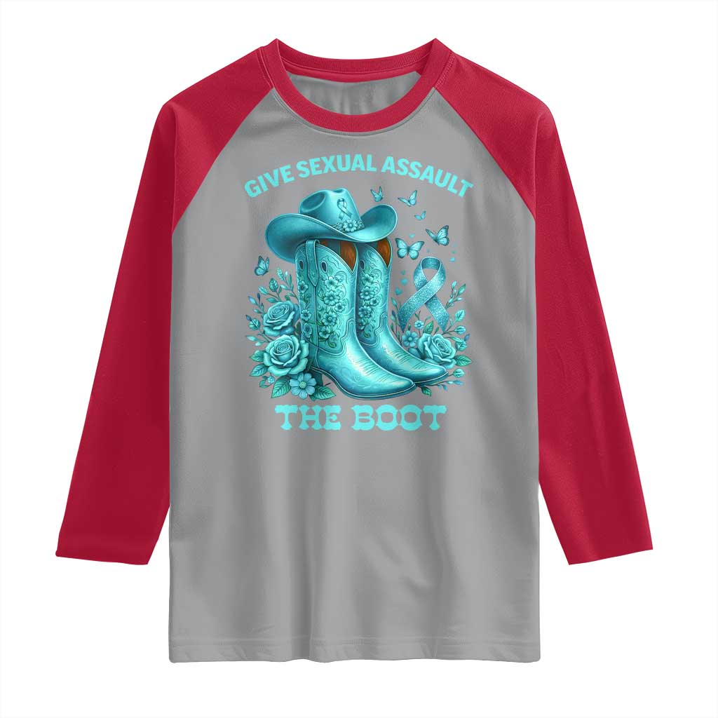 Give Sexual Assault The Boot Raglan Shirt Cowgirl Awareness Month Teal Ribbon Support