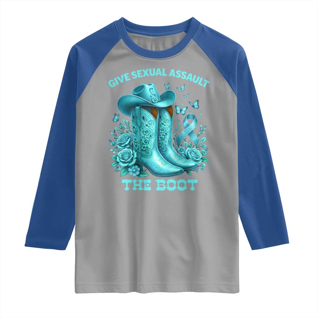Give Sexual Assault The Boot Raglan Shirt Cowgirl Awareness Month Teal Ribbon Support