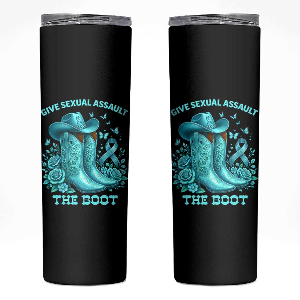Give Sexual Assault The Boot Skinny Tumbler Cowgirl Awareness Month Teal Ribbon Support