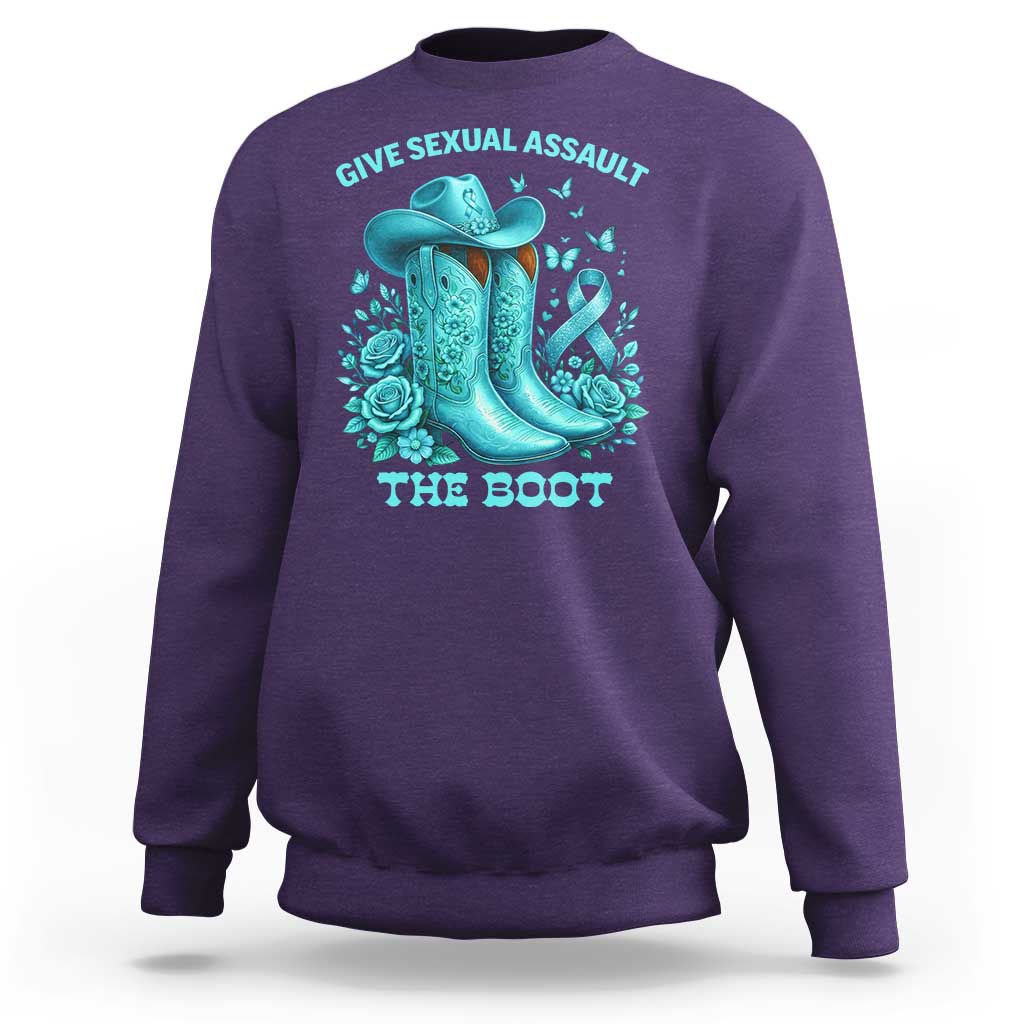 Give Sexual Assault The Boot Sweatshirt Cowgirl Awareness Month Teal Ribbon Support