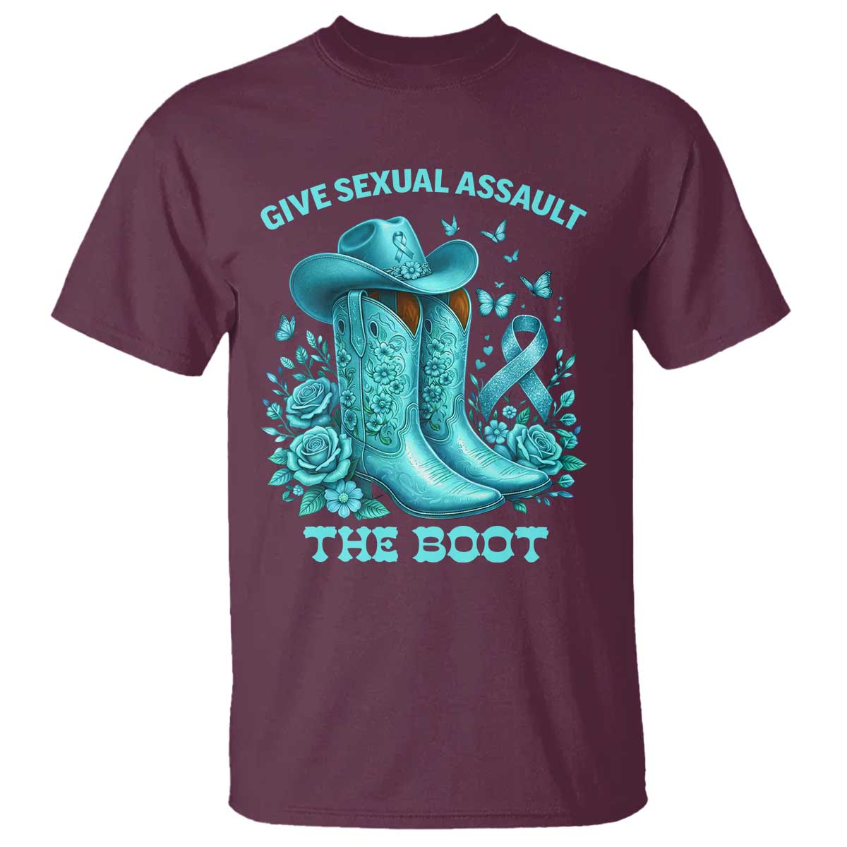 Give Sexual Assault The Boot T Shirt Cowgirl Awareness Month Teal Ribbon Support