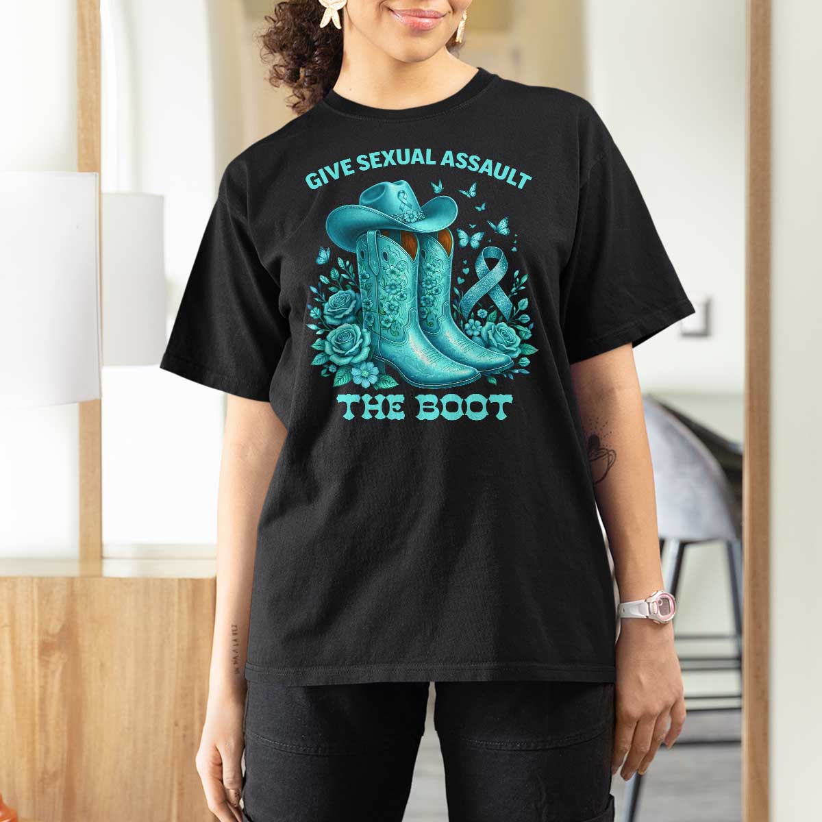 Give Sexual Assault The Boot T Shirt For Women Cowgirl Awareness Month Teal Ribbon Support