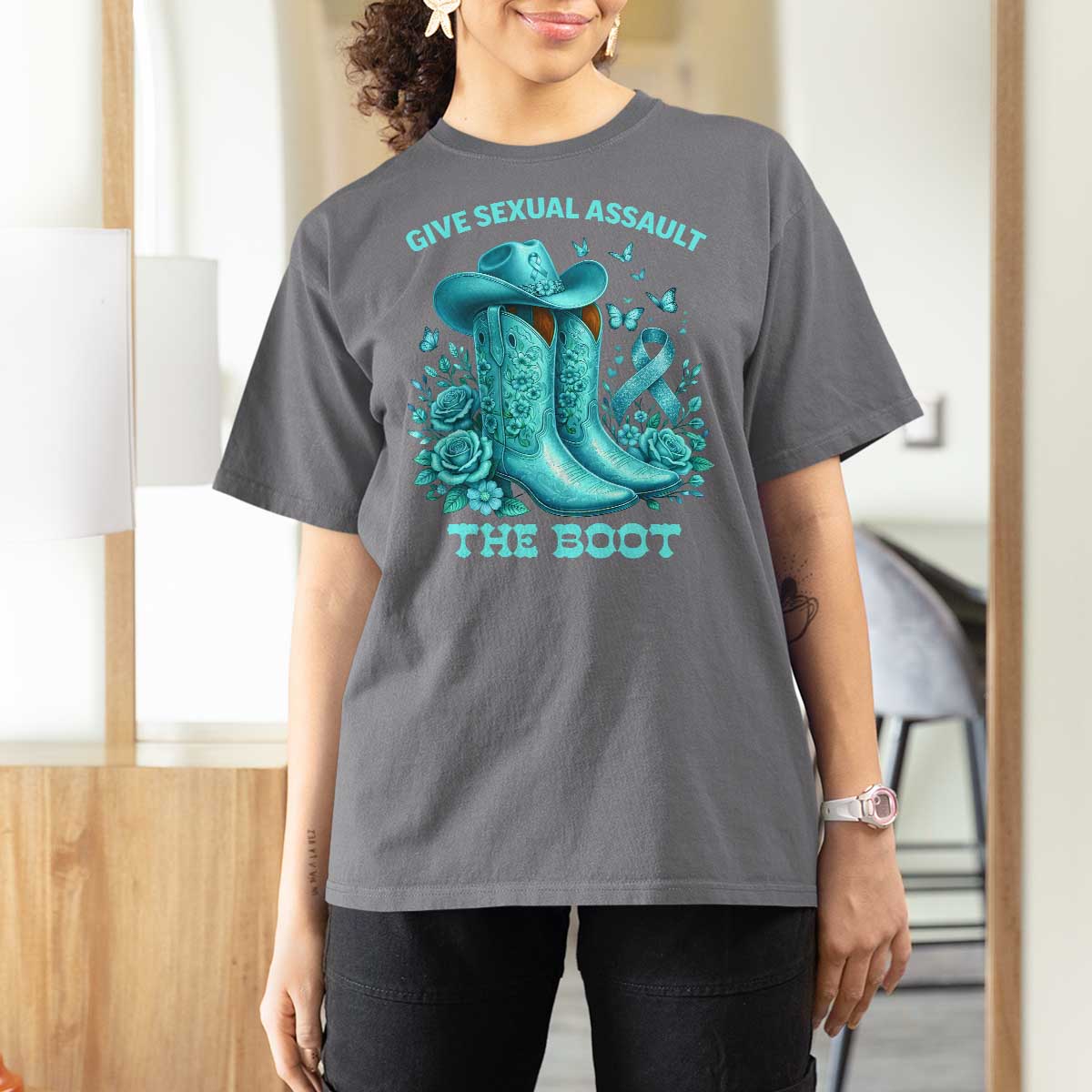 Give Sexual Assault The Boot T Shirt For Women Cowgirl Awareness Month Teal Ribbon Support