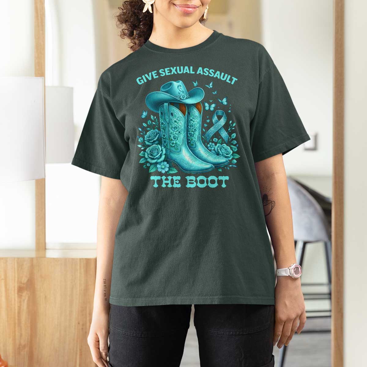 Give Sexual Assault The Boot T Shirt For Women Cowgirl Awareness Month Teal Ribbon Support