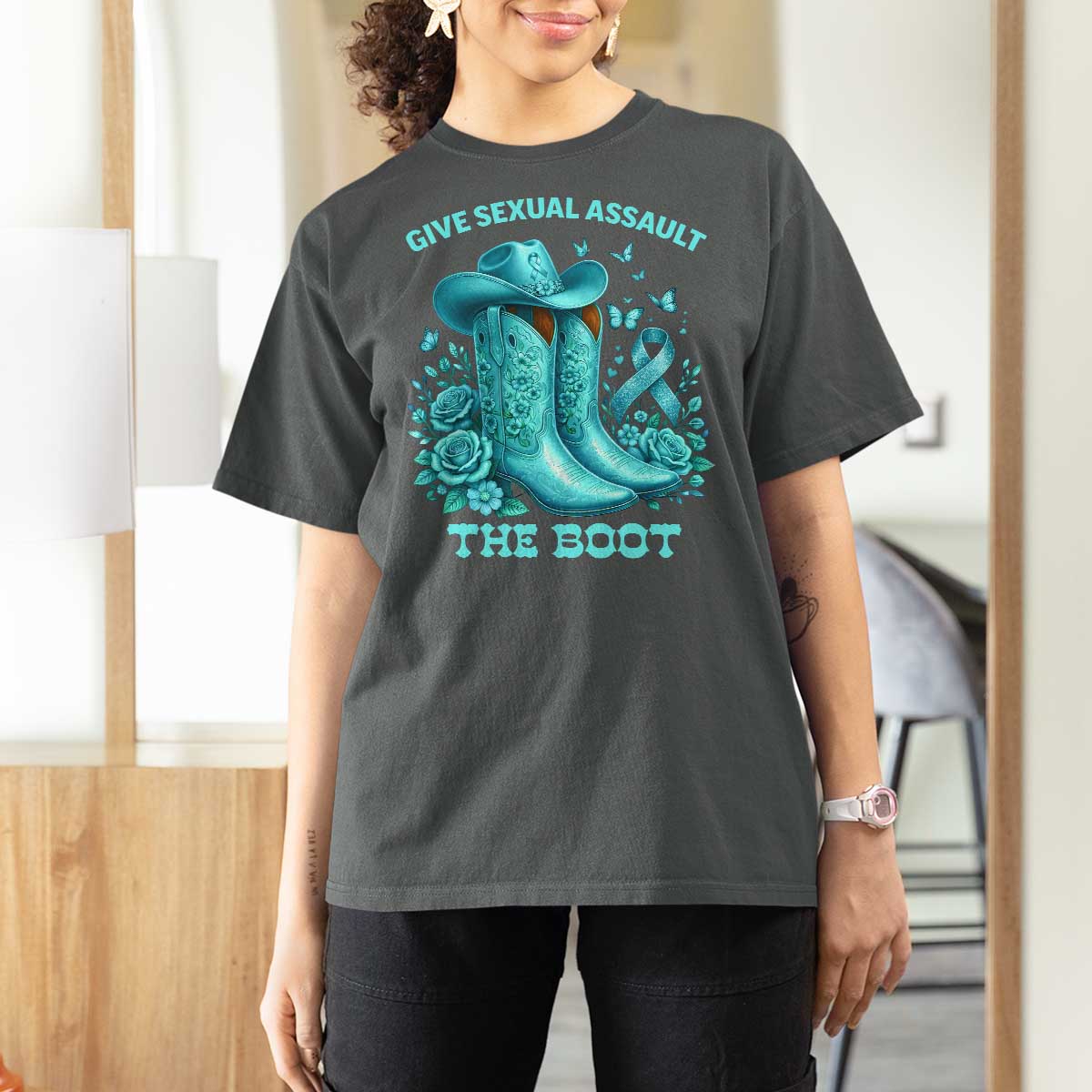 Give Sexual Assault The Boot T Shirt For Women Cowgirl Awareness Month Teal Ribbon Support