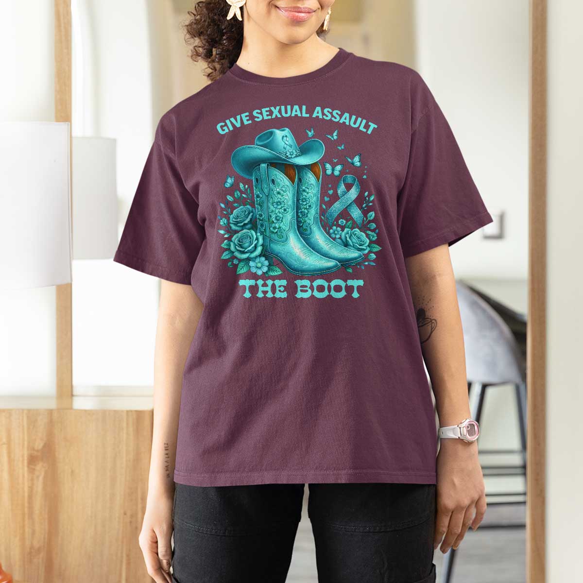 Give Sexual Assault The Boot T Shirt For Women Cowgirl Awareness Month Teal Ribbon Support