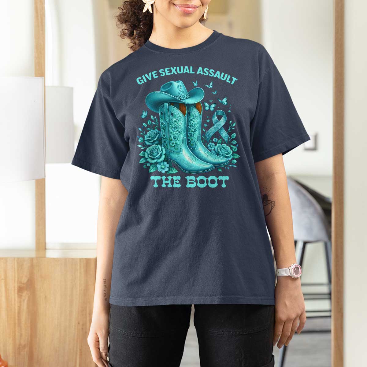 Give Sexual Assault The Boot T Shirt For Women Cowgirl Awareness Month Teal Ribbon Support