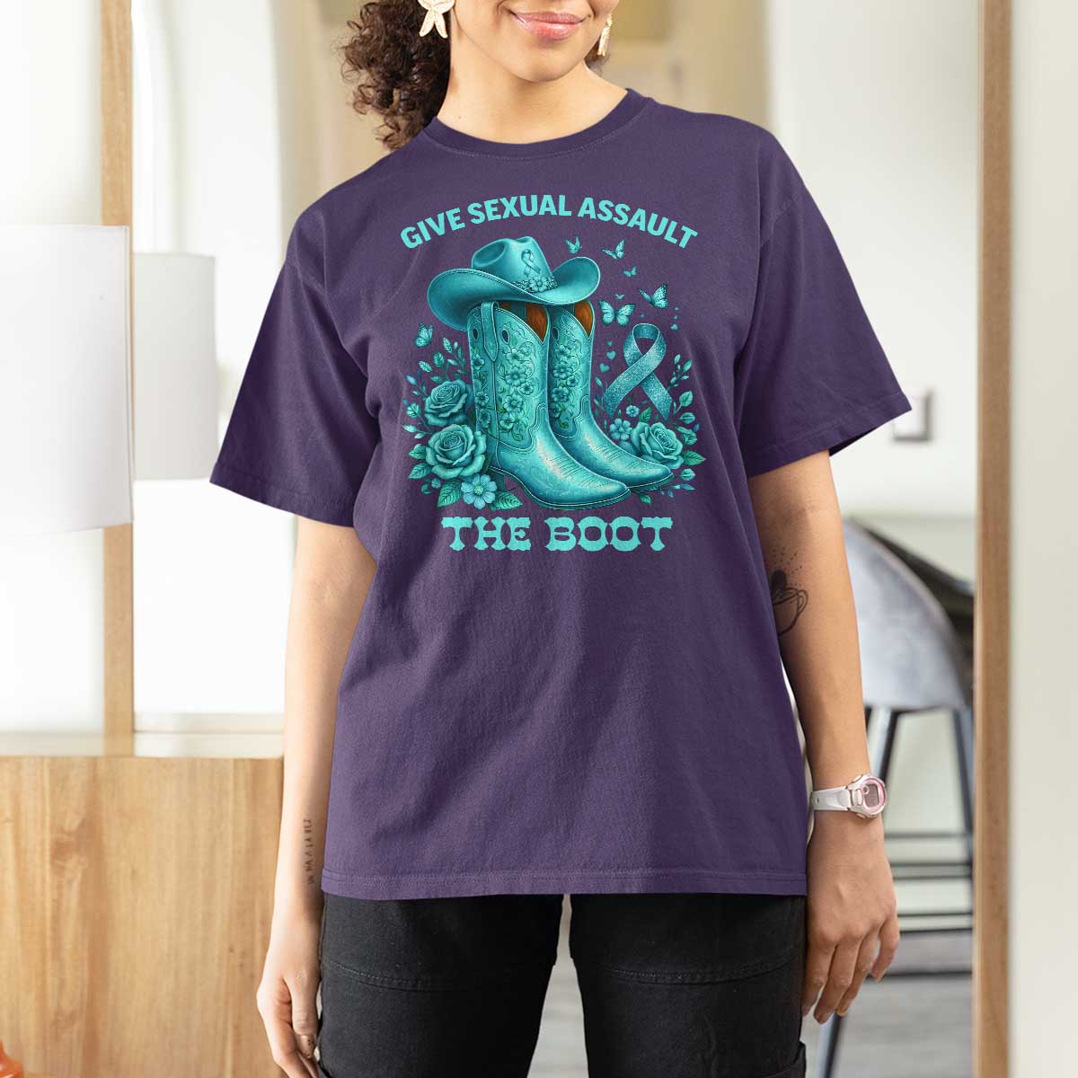 Give Sexual Assault The Boot T Shirt For Women Cowgirl Awareness Month Teal Ribbon Support