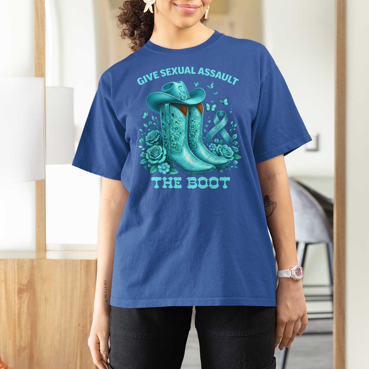 Give Sexual Assault The Boot T Shirt For Women Cowgirl Awareness Month Teal Ribbon Support