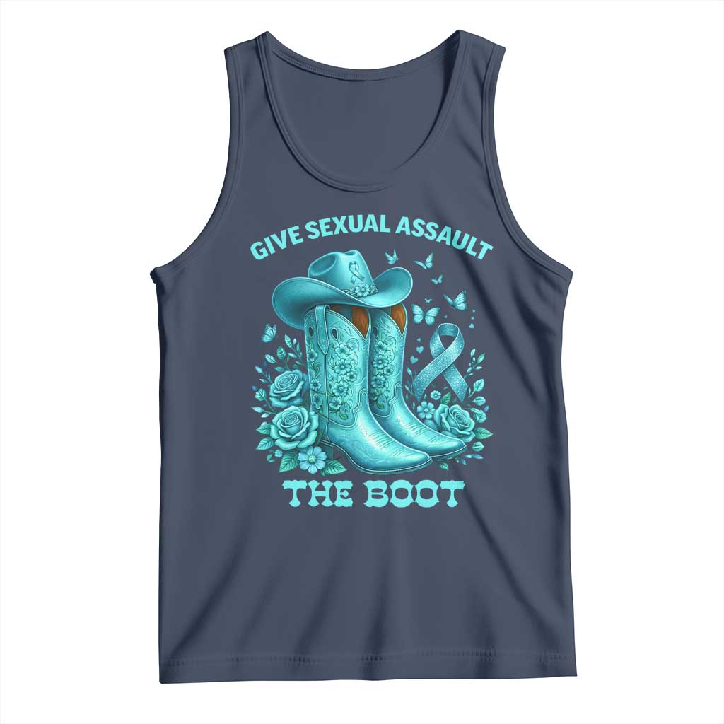Give Sexual Assault The Boot Tank Top Cowgirl Awareness Month Teal Ribbon Support