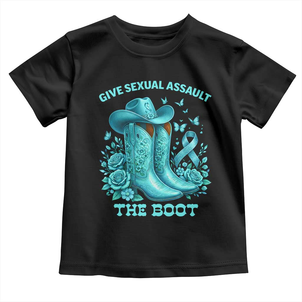 Give Sexual Assault The Boot Toddler T Shirt Cowgirl Awareness Month Teal Ribbon Support