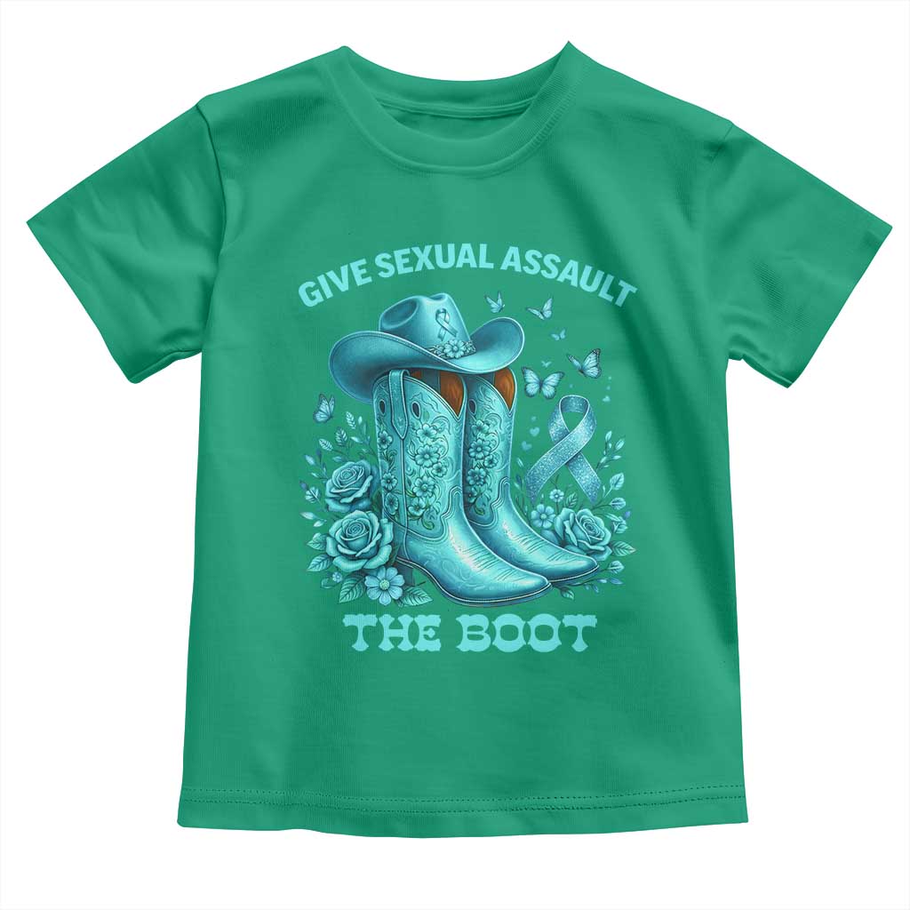 Give Sexual Assault The Boot Toddler T Shirt Cowgirl Awareness Month Teal Ribbon Support