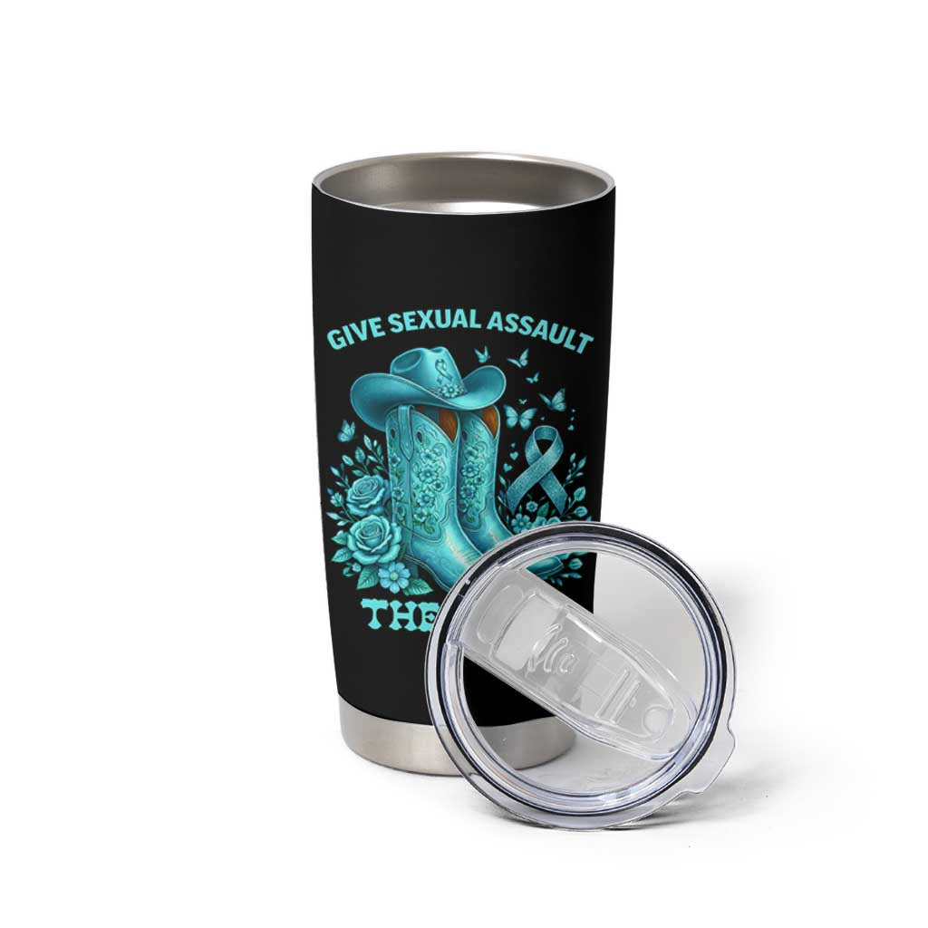 Give Sexual Assault The Boot Tumbler Cup Cowgirl Awareness Month Teal Ribbon Support