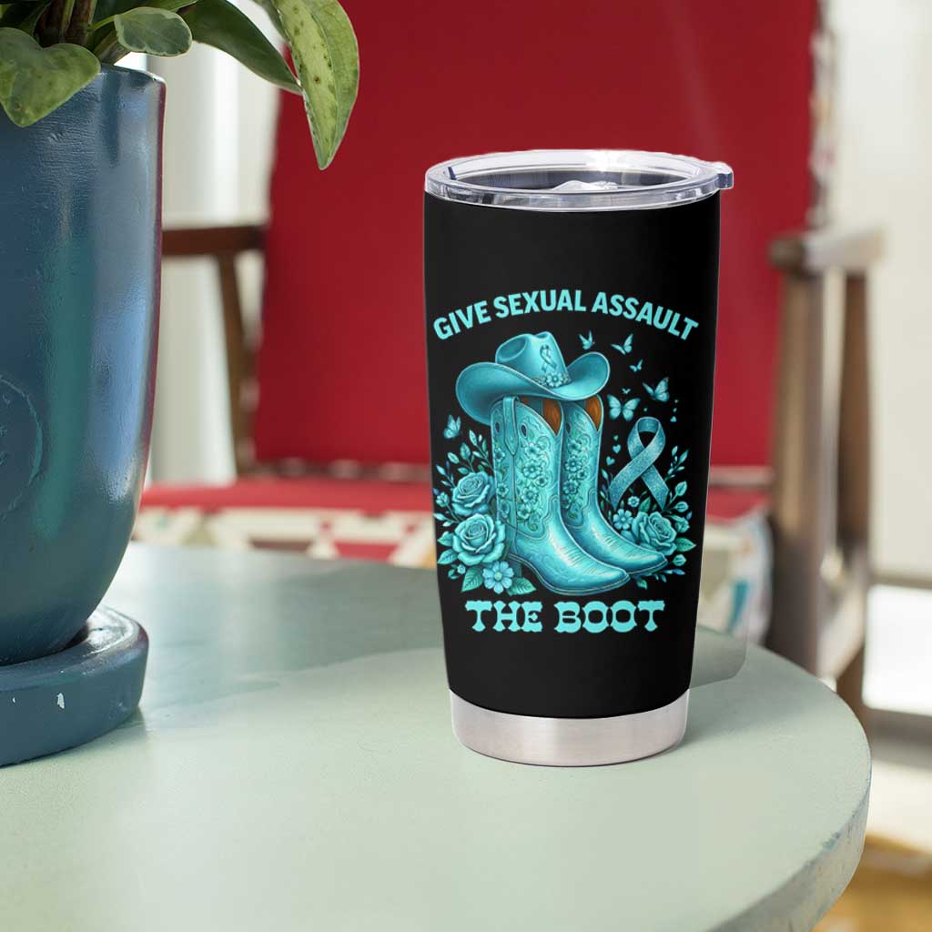 Give Sexual Assault The Boot Tumbler Cup Cowgirl Awareness Month Teal Ribbon Support