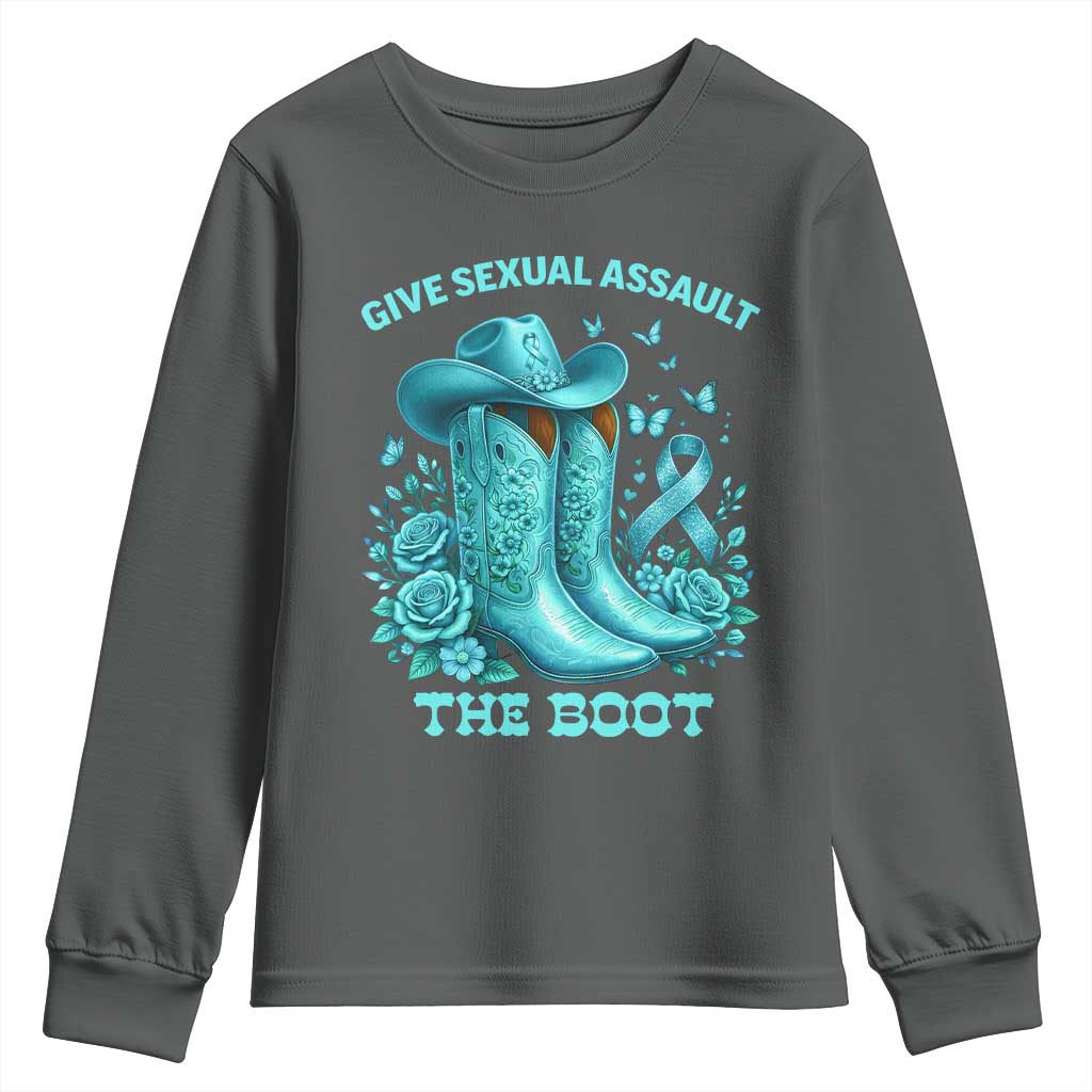 Give Sexual Assault The Boot Youth Sweatshirt Cowgirl Awareness Month Teal Ribbon Support