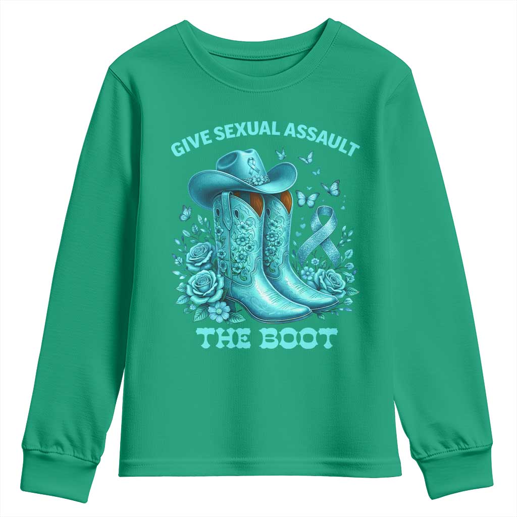 Give Sexual Assault The Boot Youth Sweatshirt Cowgirl Awareness Month Teal Ribbon Support