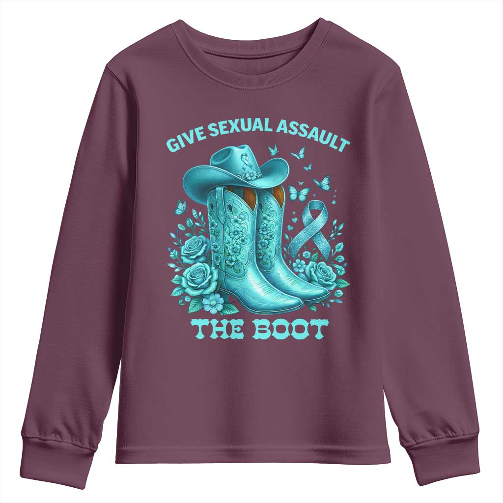 Give Sexual Assault The Boot Youth Sweatshirt Cowgirl Awareness Month Teal Ribbon Support