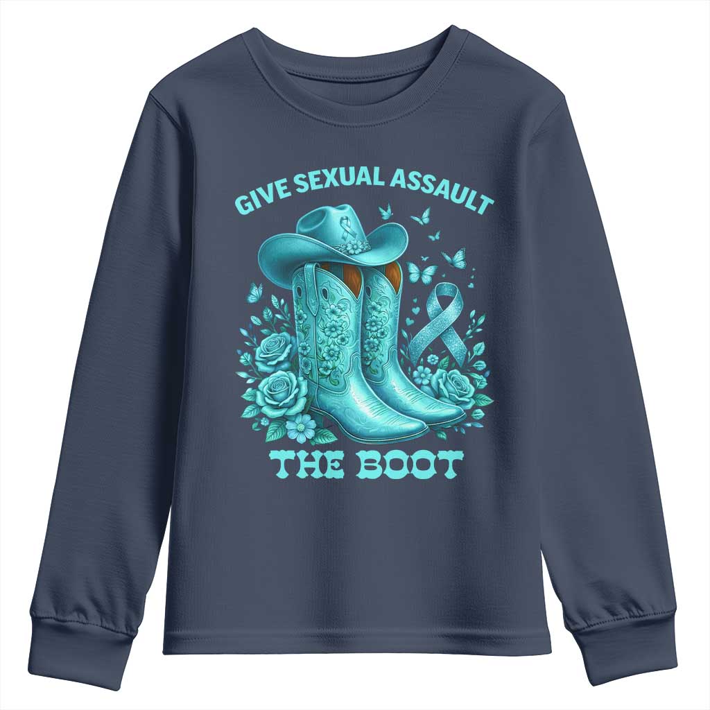 Give Sexual Assault The Boot Youth Sweatshirt Cowgirl Awareness Month Teal Ribbon Support