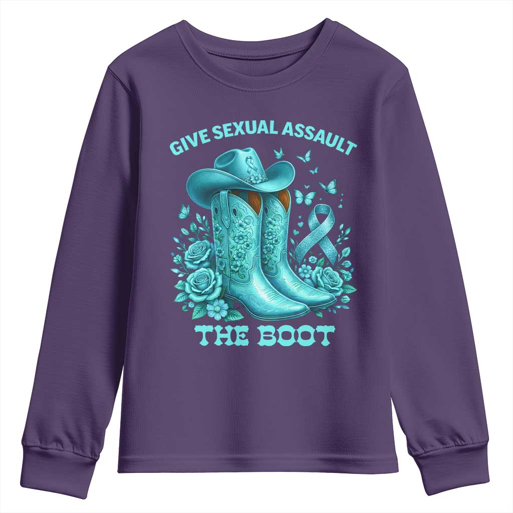 Give Sexual Assault The Boot Youth Sweatshirt Cowgirl Awareness Month Teal Ribbon Support